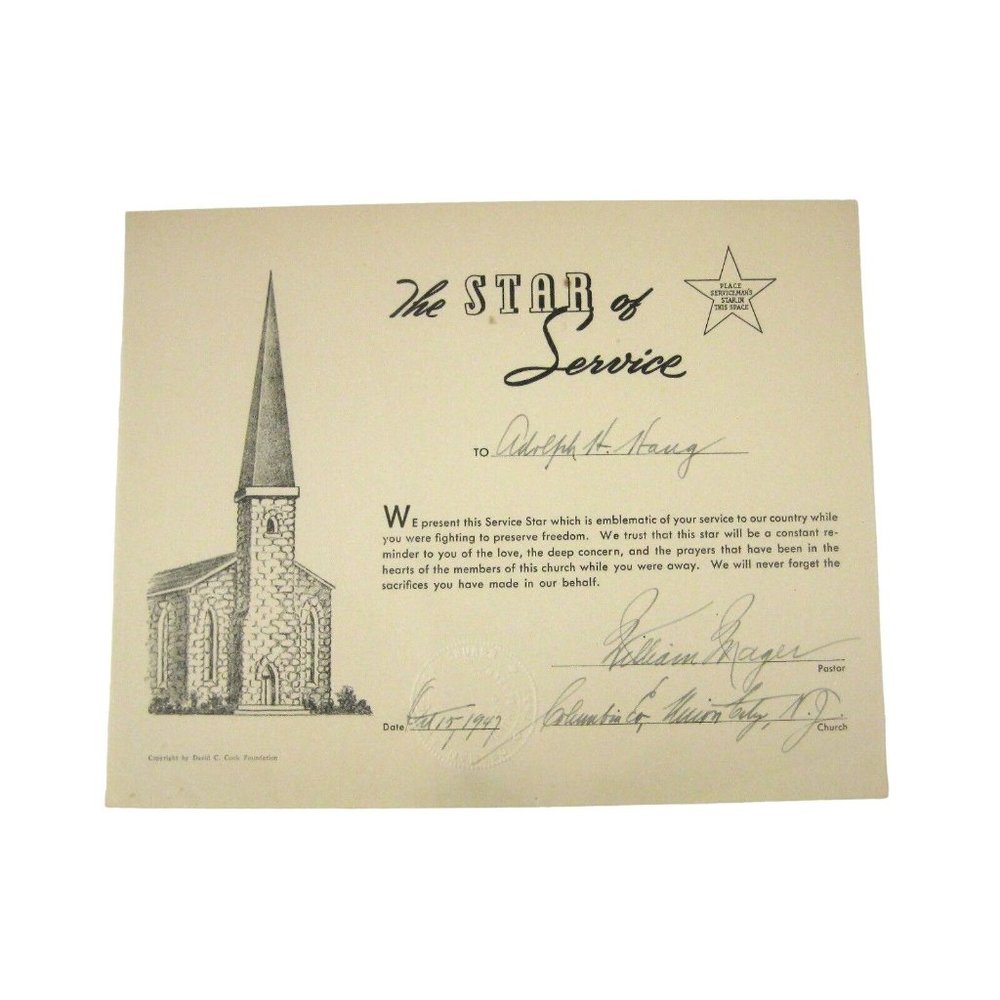 Star of Service Medal Award Certificate 1947 German Evangelical Church Military